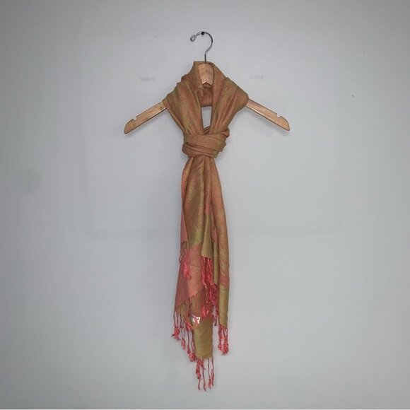 Pashmina Silk Scarf Coral Orange Gold Yellow Fringe Long‎ Lightweight - Picture 3 of 9